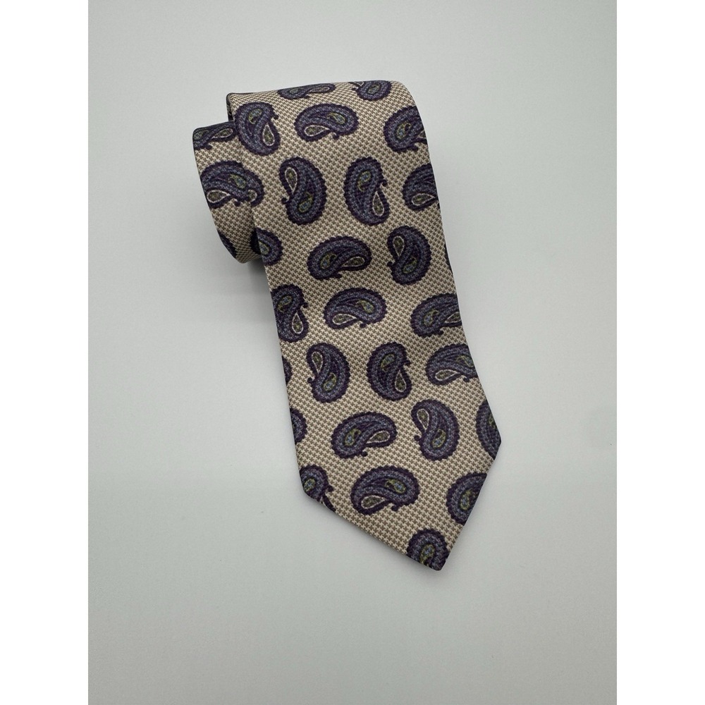 Ike Behar New York Silk Tie Beige Purple Paisley Classic Mens Necktie